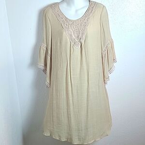 Indigo Rose Light Tan Bohemian Dress with Embroidered Neckline, Size Large